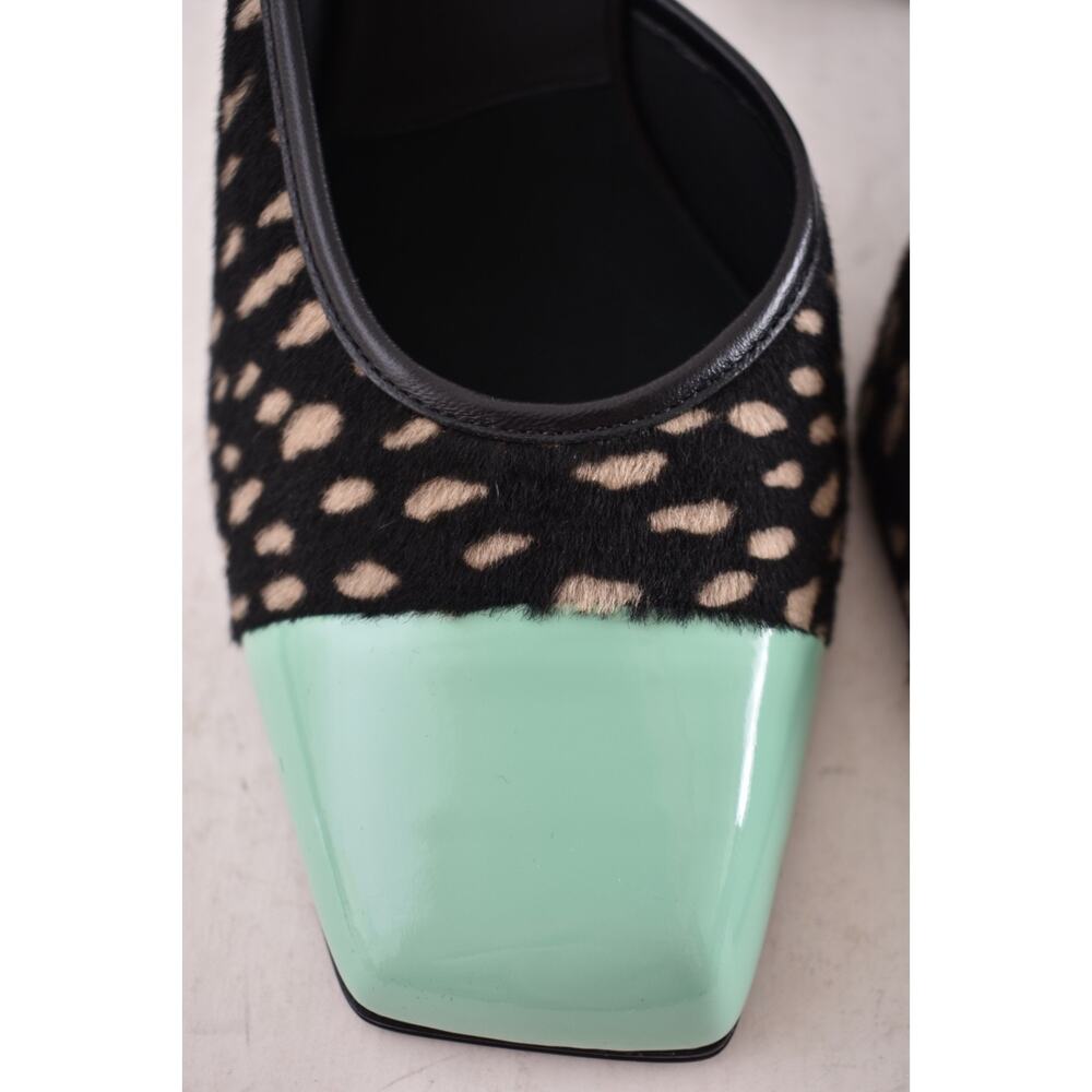 Chanel 26S Blazy Black White Pony Fur Green Square Toe Block Heel Pump Mule 38 - Picture 11 of 16